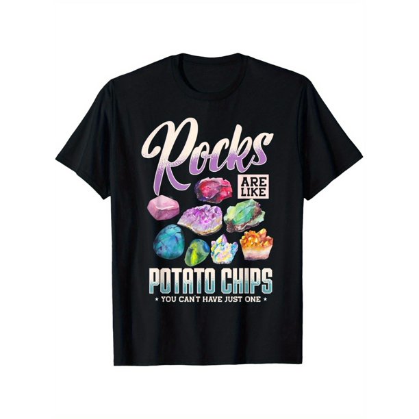 Men's Funny Rock Collector T-Shirt - "Rocks Are Like Potato Chips" Design, 100% Cotton, Short Sleeve, Round Neck, Vibrant Mineral Print, Casual & Comfortable Fit, Sizes S to 3XL