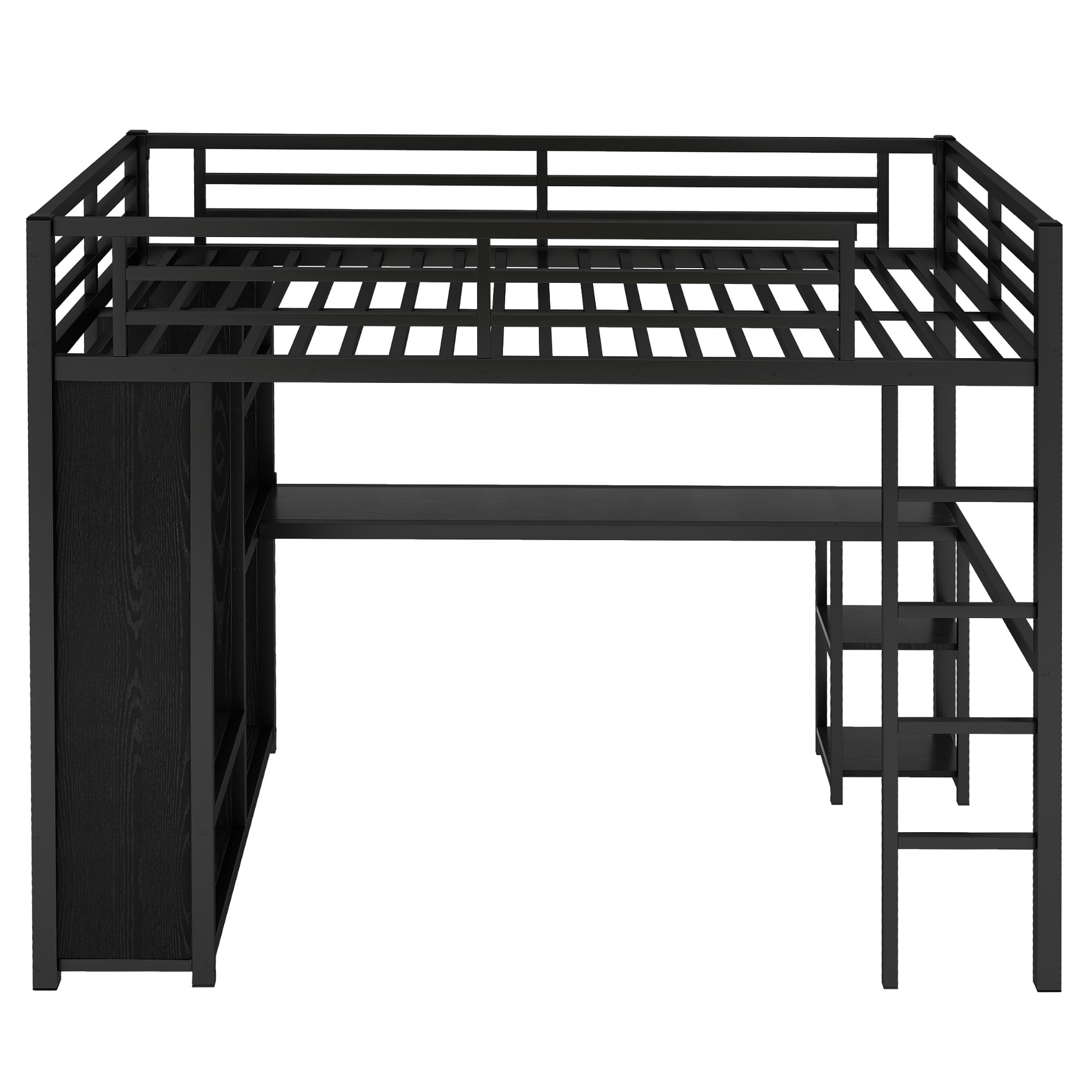 Leumius Full Size Metal Loft Bed with Built-in Wardrobe,Heavy Duty Loft Bed Frame with Desk and Storage Shelves,Space-Saving,Black