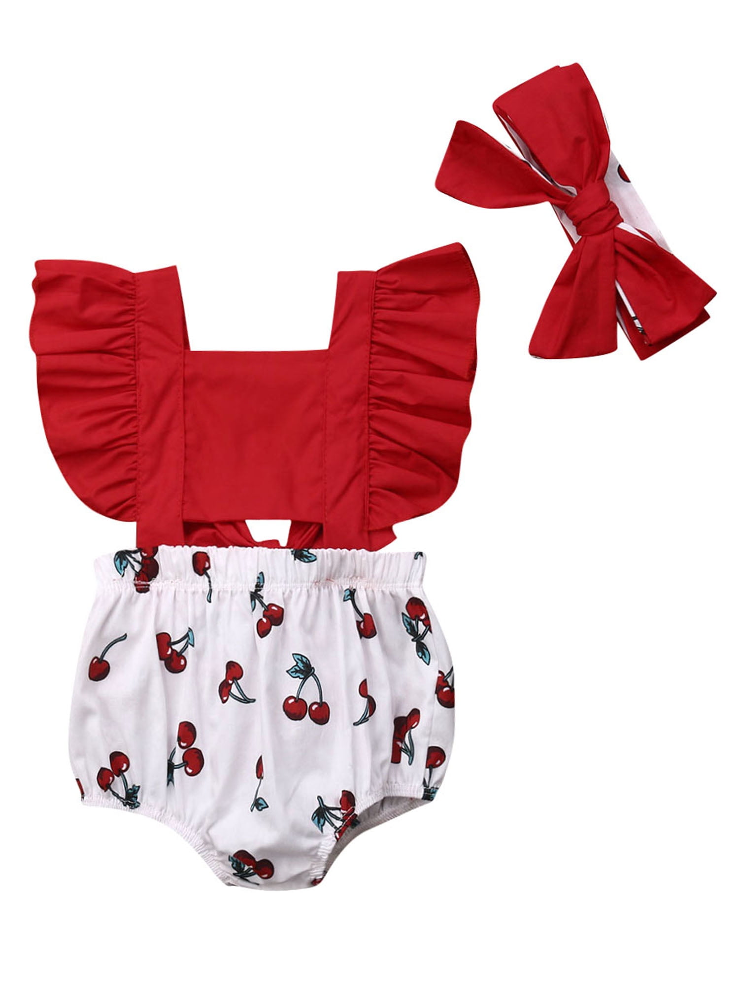 Baby Girl Ruffle Romper Bowknot Cherry Print Bodysuit Jumpsuit with Headband 2Pcs Outfits for
