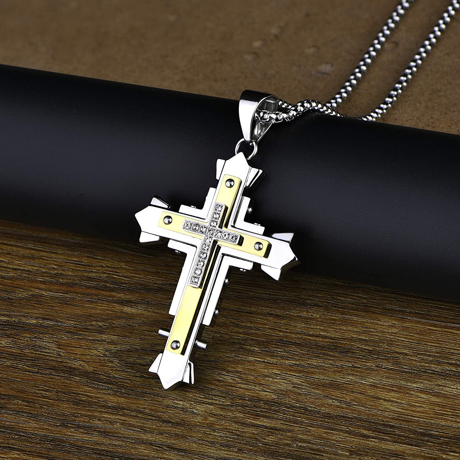 MEN'S 316L STAINLESS STEEL BLACK "JESUS CROSS" PENDANT WITH  24"ROPE CHAINSET 