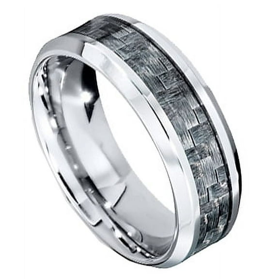 Tungsten Wedding Band Ring 8mm Men's Engagement Silver with Gray Carbon Fiber Inlay Comfort Fit