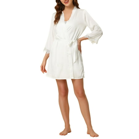 cheibear Women s 2 Pcs Satin Pajama Sets Nightgown with Robe Lingerie Lounge Sleepwear S White