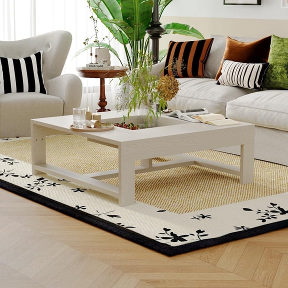 ECACAD 43.3" W Square Coffee Table with Concave Top, Modern Center Table with Wood Grain for Living Room, Washed White