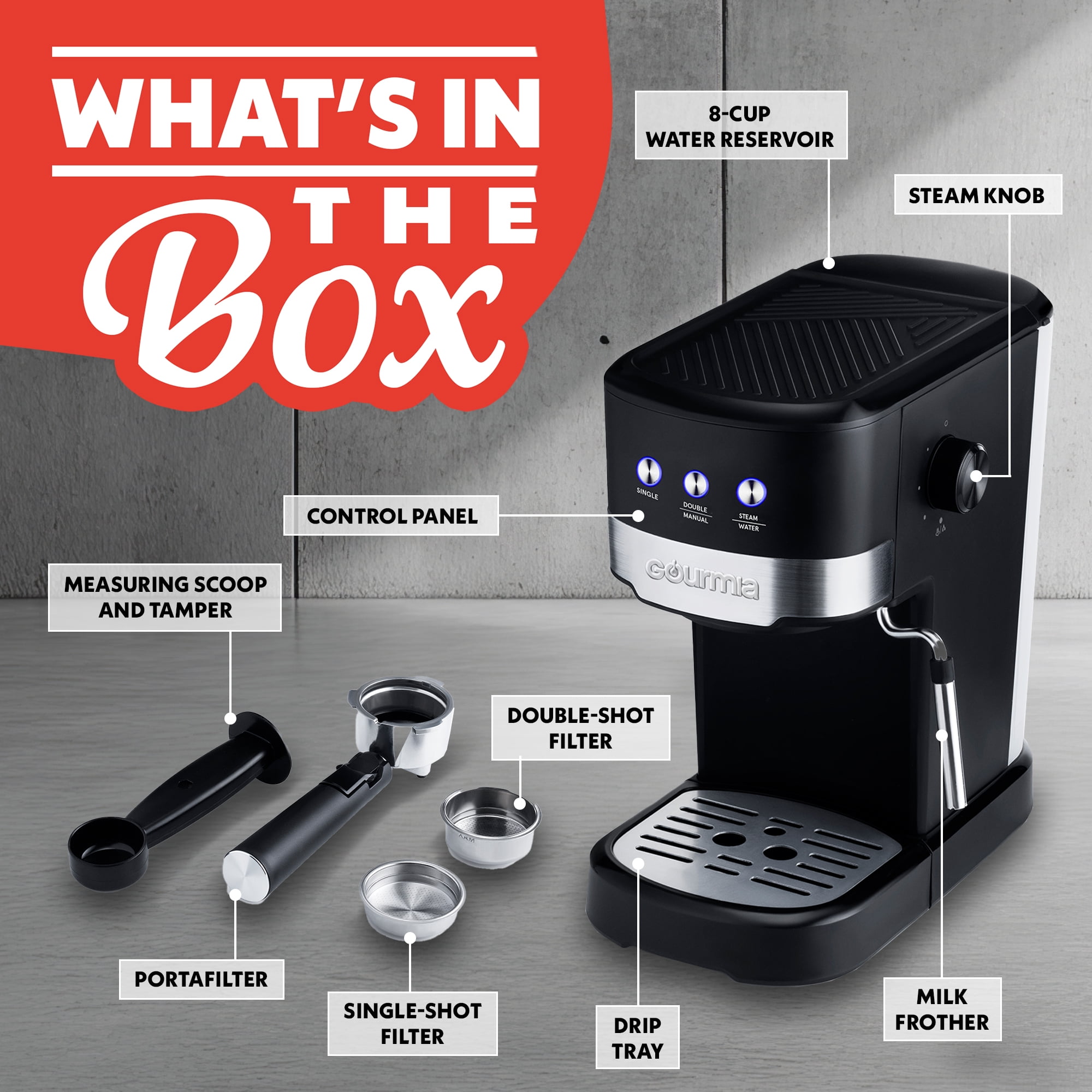 Gourmia 1.2L 15 Bar Espresso Maker with Powerful Frothing Wand Black