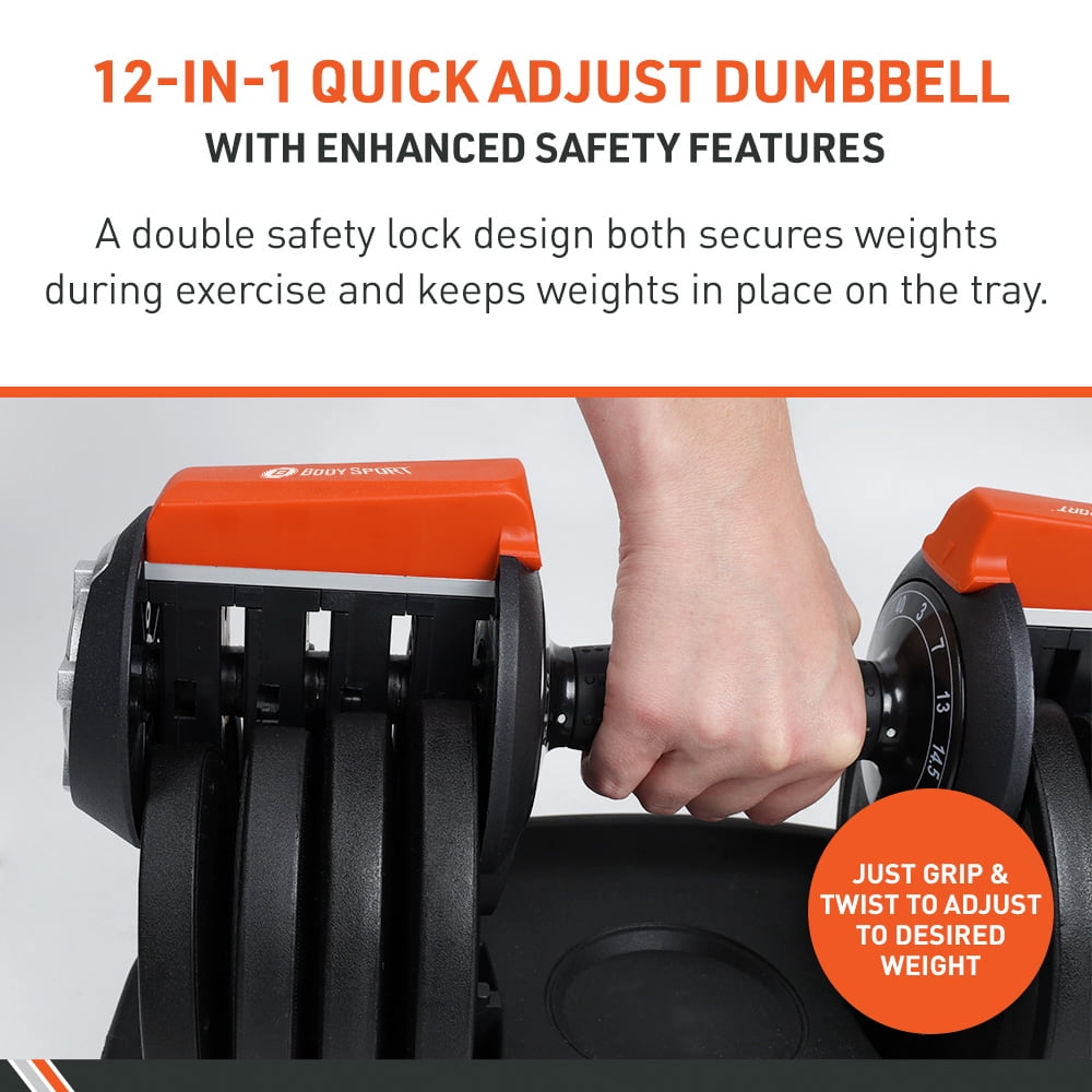 Body Sport Adjustable Dumbbells Set — 3 to 40 Lbs., 12 Weight Settings, Locking Safety Mechanism, Space-Saving Design for Home Gym