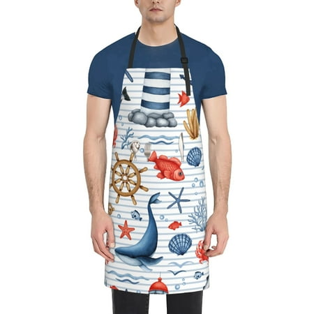 

Lukts Watercolor Nautical Pattern Kitchen Cooking Aprons Adjustable Bib Soft Chef Apron with 2 Pockets for Men Women