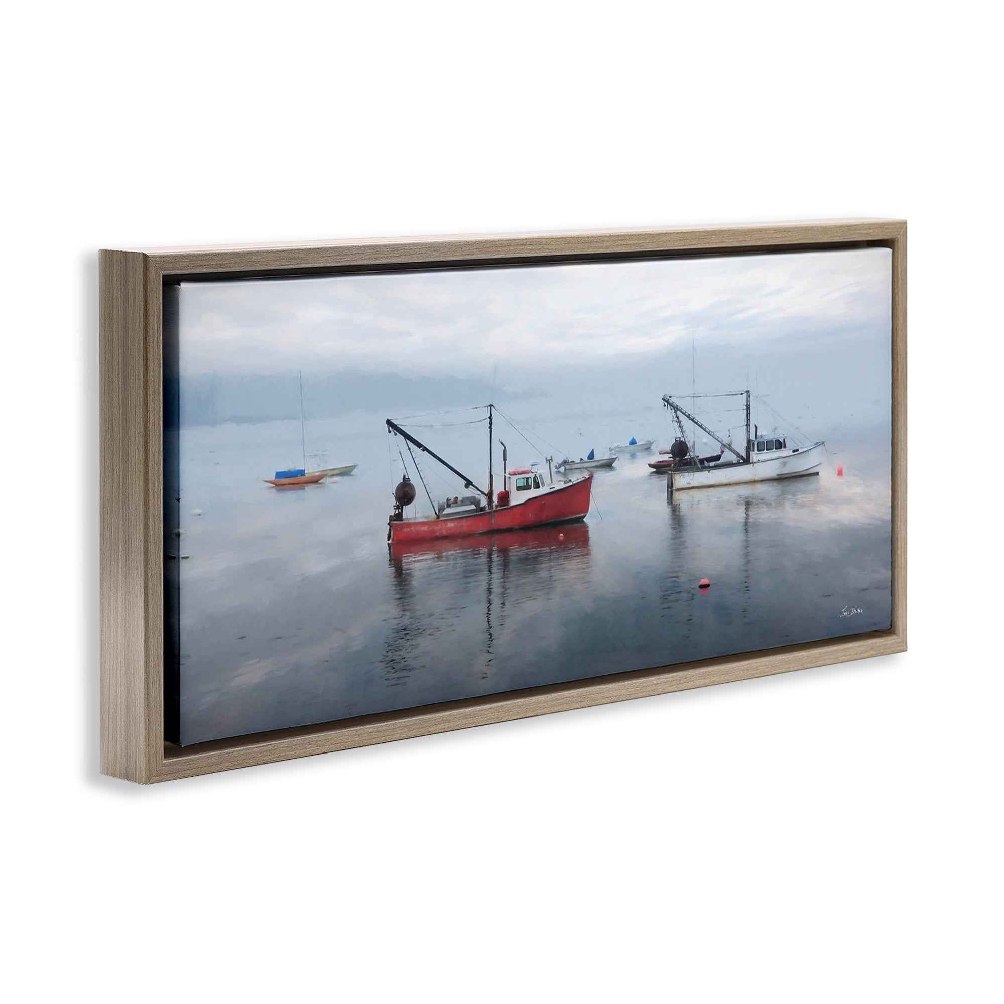 Stupell Industries Boat Harbor Seascape Nautical & Beach Photography Brown Floater Framed Canvas Art Print Wall Art, 31 x 14