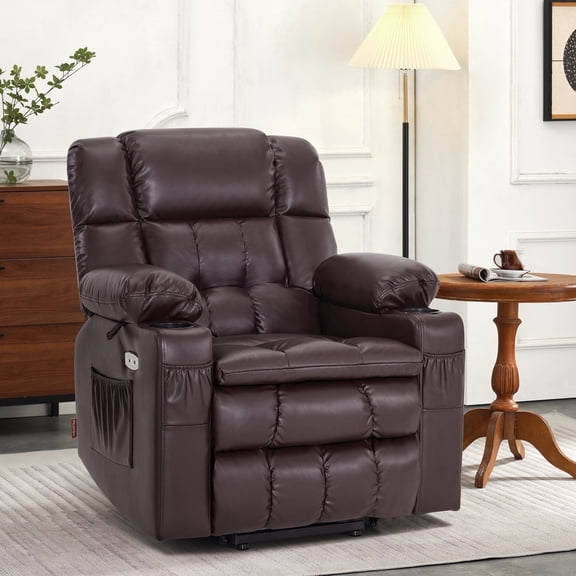 MCombo Lay Flat Dual Motor Power Lift Recliner with Massage and Heat for Petite Elderly, Infinite Position Lift Chair, Faux Leather (Small-Regular, Dark Brown)