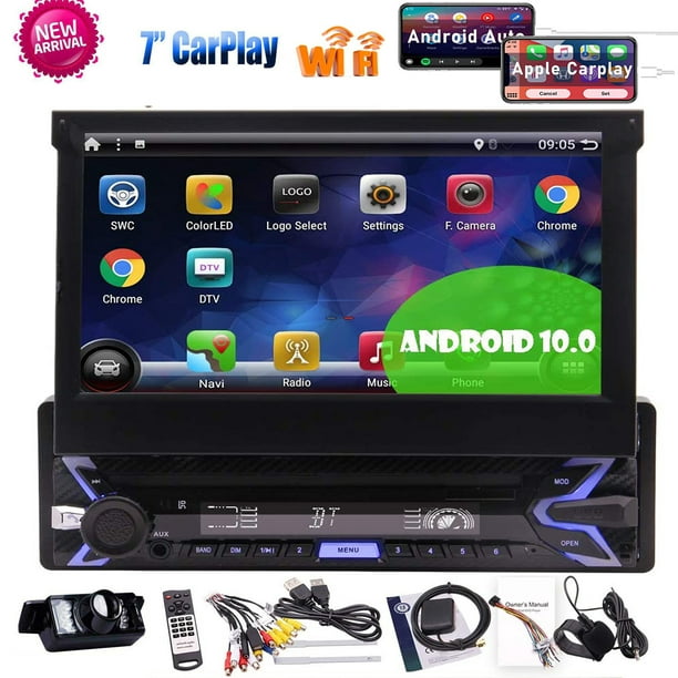 Pure Android 10.0 Flip Out Capacitive Touchscreen Single Din Radio GPS InDash Navigation System 1Din Car Stereo Bluetooth Multimedia Player Wifi Phone Mirror FM AM USB With Rearview Camera&MAP -