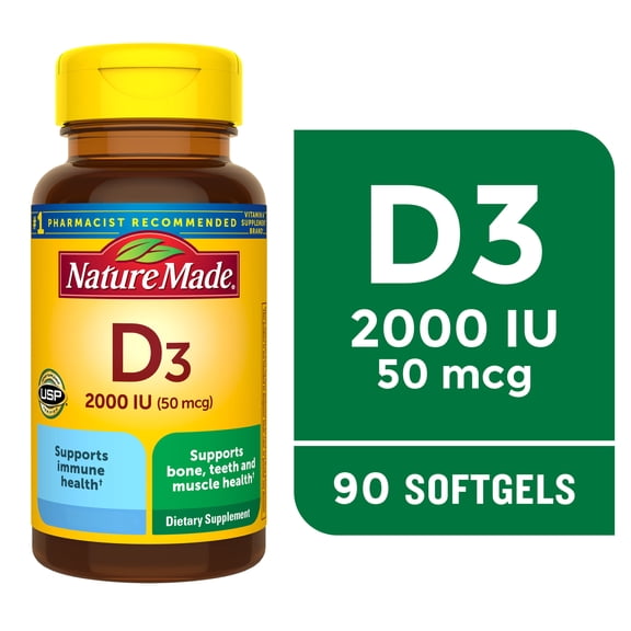 Nature Made Vitamin D3 2000 IU (50 mcg) Softgels, Vitamin D Supplement for Bone and Immune Health Support, 90 Count
