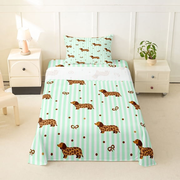 Homewish Dachshund Bow Twin Sheets,Cute Animal Bedding,Green White Stripes Decor,3 Pieces,1 Fitted Sheet and 1 Pillowcase