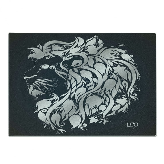 Zodiac Cutting Board, Head Shape of Astrological Leo Portrait Swirling Flower Branches Image Print, Decorative Tempered Glass Cutting and Serving Board, Small Size, Blue Grey, by Ambesonne