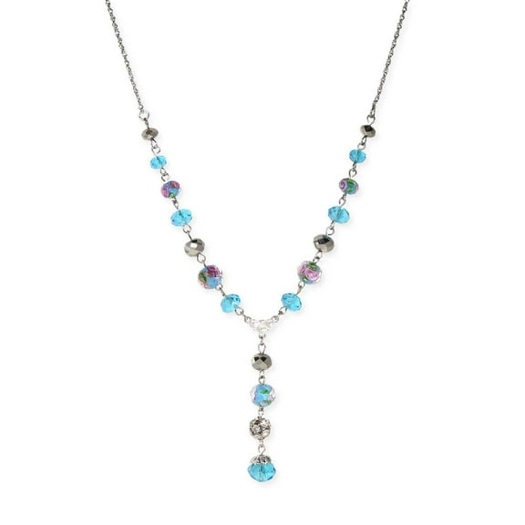 1928 Jewelry Pink Flower Bead Aqua Blue Hematite Silver Crystal Y-Necklace For Women 16"   3" Extender