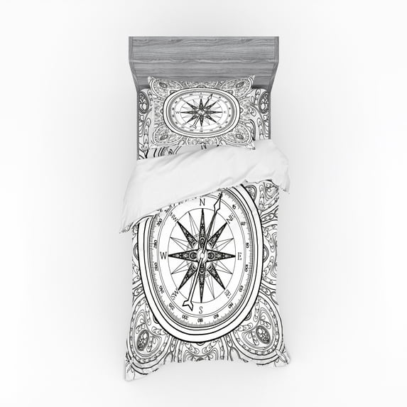 Ambesonne Compass Bedding Set 3 Pcs, Windrose Line Art Style, Twin XL, Black White