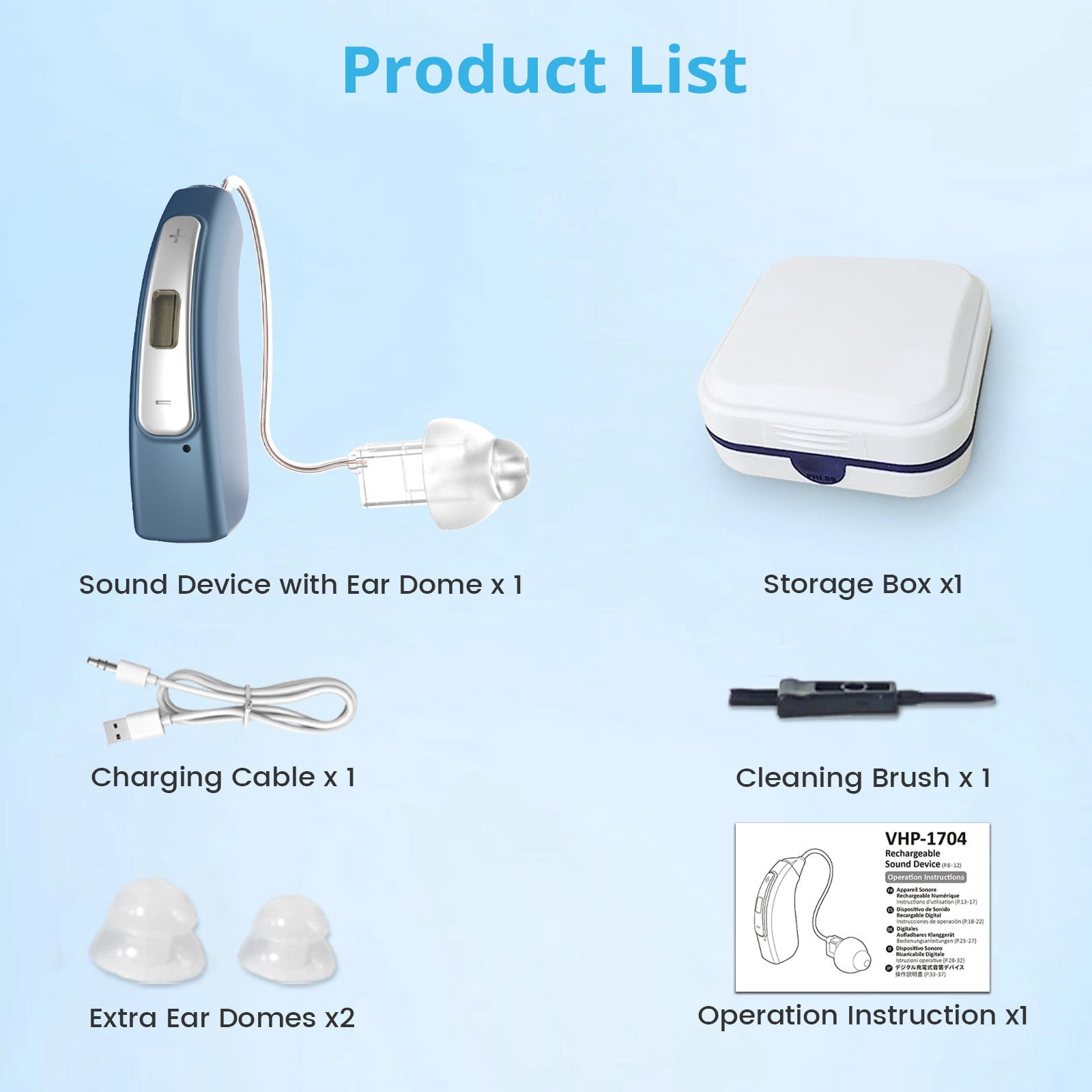 ELCTRTICI Hearing Aids for Seniors with Noise Reduction, Rechargeable BTE Hearing Aid for Hearing Loss with Volume Control, VHP-1704 Blue, Single