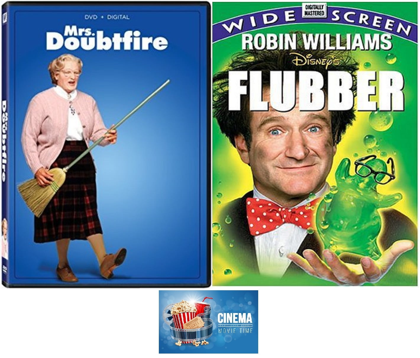 Robin Williams Comedy Double Feature Flubber & Mrs. Doubtfire 2 DVD Set  Includes Cinema Movie Time Glossy Print Art Card 