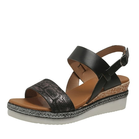 

PMUYBHF Women Sandals Wedge Slip on Ladies Fashion Lines Print Leather Open Toe Buckle Sloping Heel Thick Sole Sandals