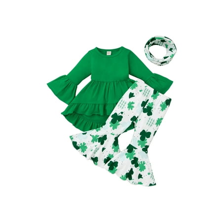 

Sunisery St. Patrick s Day Kids Girls 3Pcs Clothes Sets Solid Flare Long Sleeve Dress Top+Clover Print Pants+Scarf Green 18-24 Months