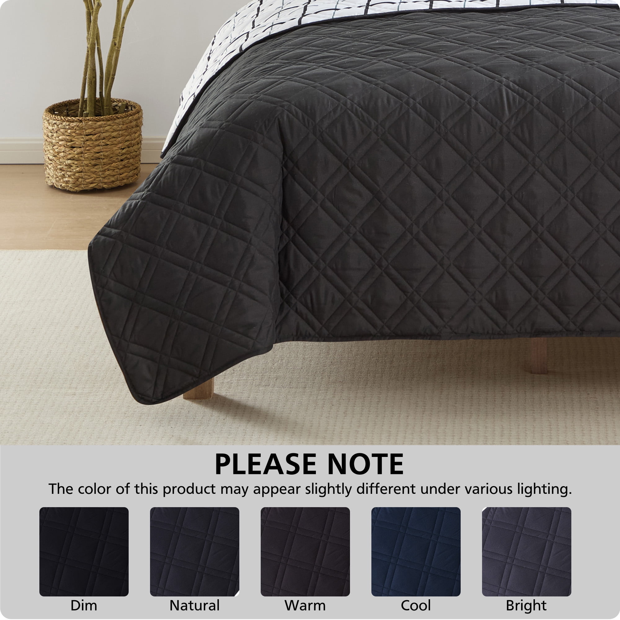 Mainstays Silky Classic Quilt Black Plaid Polyester Quilted Quilts, Full/Queen - Reversible