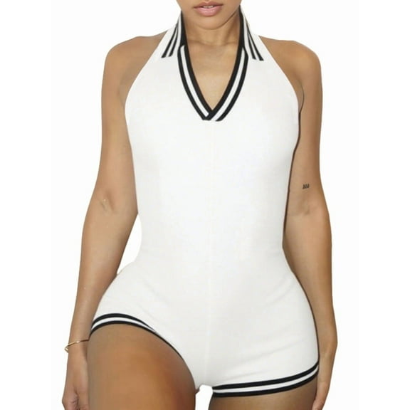 Women'S Striped Sleeveless Bodysuit Shorts Short Sleeve Collar Jumpsuit White S