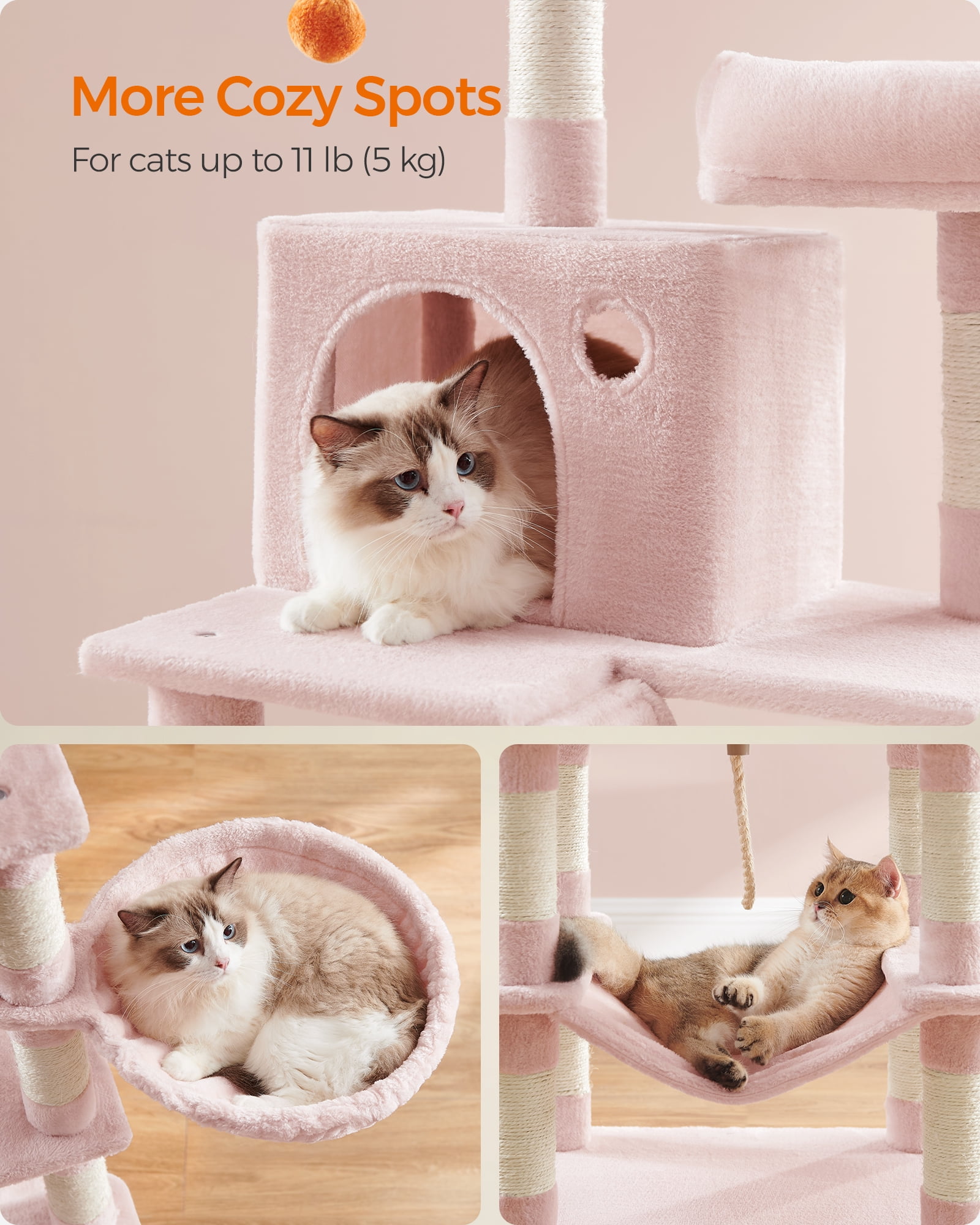 66.1"H Cat Tree Cat Tower for Indoor Cats, Plush Multi-Level Cat Condo with Scratching Posts, Perches, Caves, Hammock, Jelly Pink