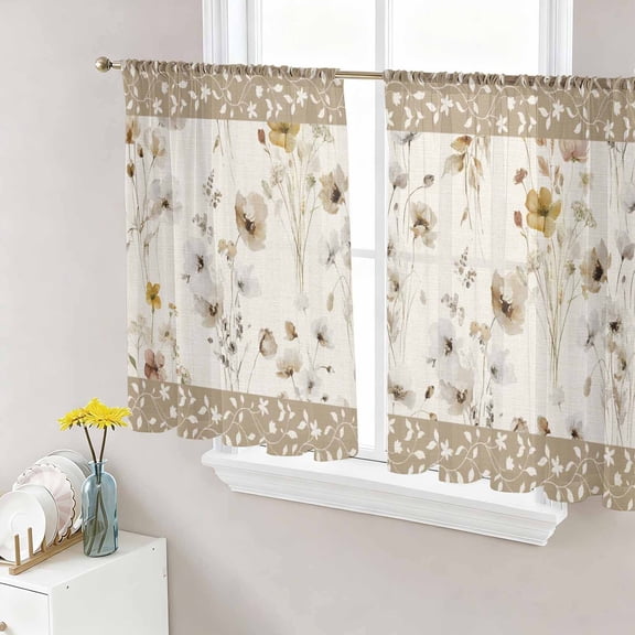 Vintage Spring Floral Sheer Curtains 54 Inch Length 2 Panels Set, Farmhouse Botanical Rustic Voile Window Treatment Rod Pocket Short Kitchen Curtains Drapes for Bedroom 52"x54"x2