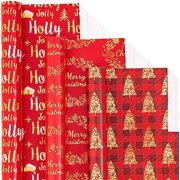 Red Gold Christmas Wrapping Paper Mini Roll, Christmas Tree Buffalo Plaid, Holly Jolly, Wreath Metallic Foil Holiday Gift Wrap, Arts Craft, for Xmas Winter Party, 17 x 120 inches, 3 Rolls