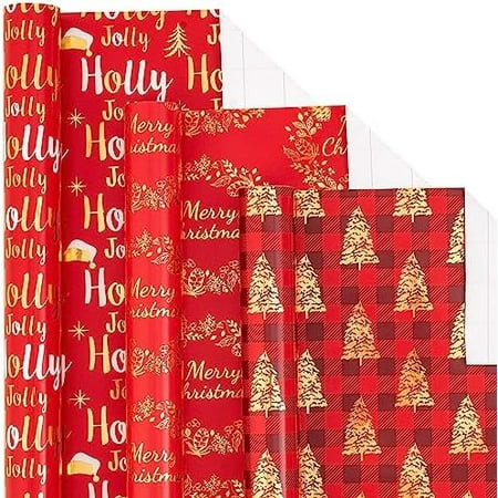 Red Gold Christmas Wrapping Paper Mini Roll, Christmas Tree Buffalo Plaid, Holly Jolly, Wreath Metallic Foil Holiday Gift Wrap, Arts Craft, for Xmas Winter Party, 17 x 120 inches, 3 Rolls