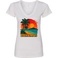 thumbnail image 3 of Inktastic Bahamas Sunset Beach Palm Trees Vintage Tropical Women's V-Neck T-Shirt, 3 of 5