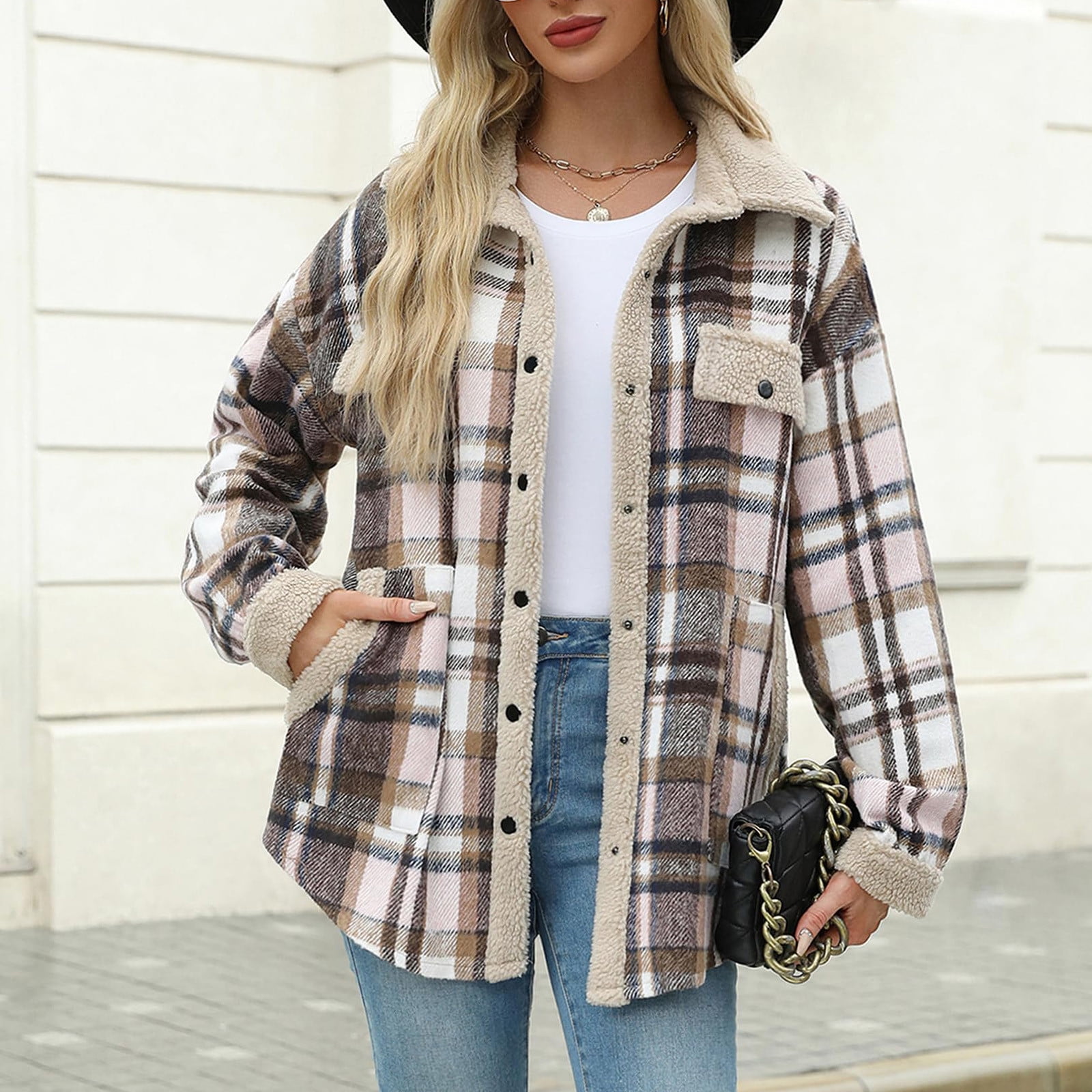 YFNNUP Womens Flannel Plaid Jacket Coat Casual Button Down Long Sleeve Jacket Outwear 2024 Fall Fashion Shacket Jacket Cozy Lapel Blouse Tops