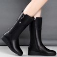 thumbnail image 4 of Zapatos Botines para mujer Botines de moda de otoño e invierno para mujer tacón de cuña de fondo punta redonda Color sólido cremallera lateral de imitación estilo informal cómodo (Black 6.5), 4 of 5