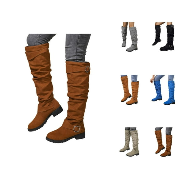 Women's Belt Buckle Knee High Boots, Fashion Low Heel Riding Style Boots for Casual Travel or Fall Outfits