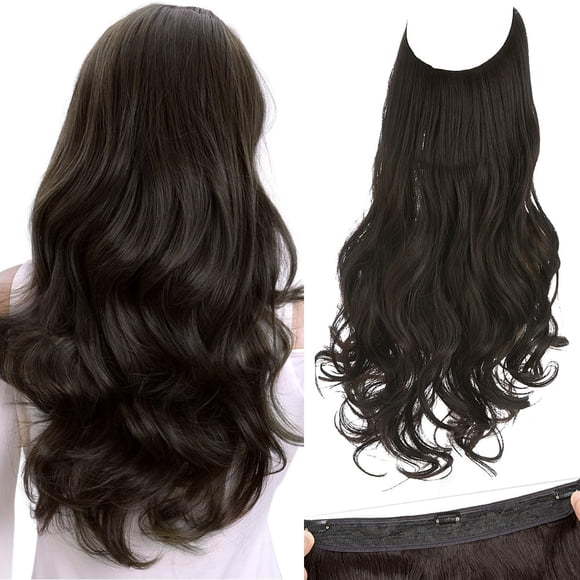 SARLA Extensiones de cabello de alambre invisible con 3 clips de largo sintético ondulado rizado postizo ajustable transparente diadema para mujeres 18 pulgadas negro marrón