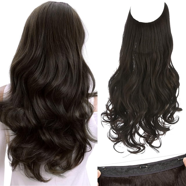 SARLA Extensiones de cabello de alambre invisible con 3 clips de largo sintético ondulado rizado postizo ajustable transparente diadema para mujeres 18 pulgadas negro marrón