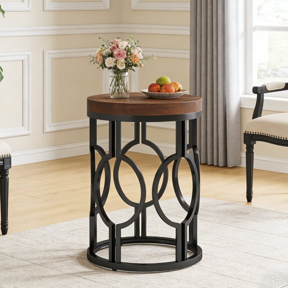 Fnova Round End Table, Industrial Small Side Table with Metal Hollow Frame for Living Room, Bedroom, Easy Assembly Nightstand