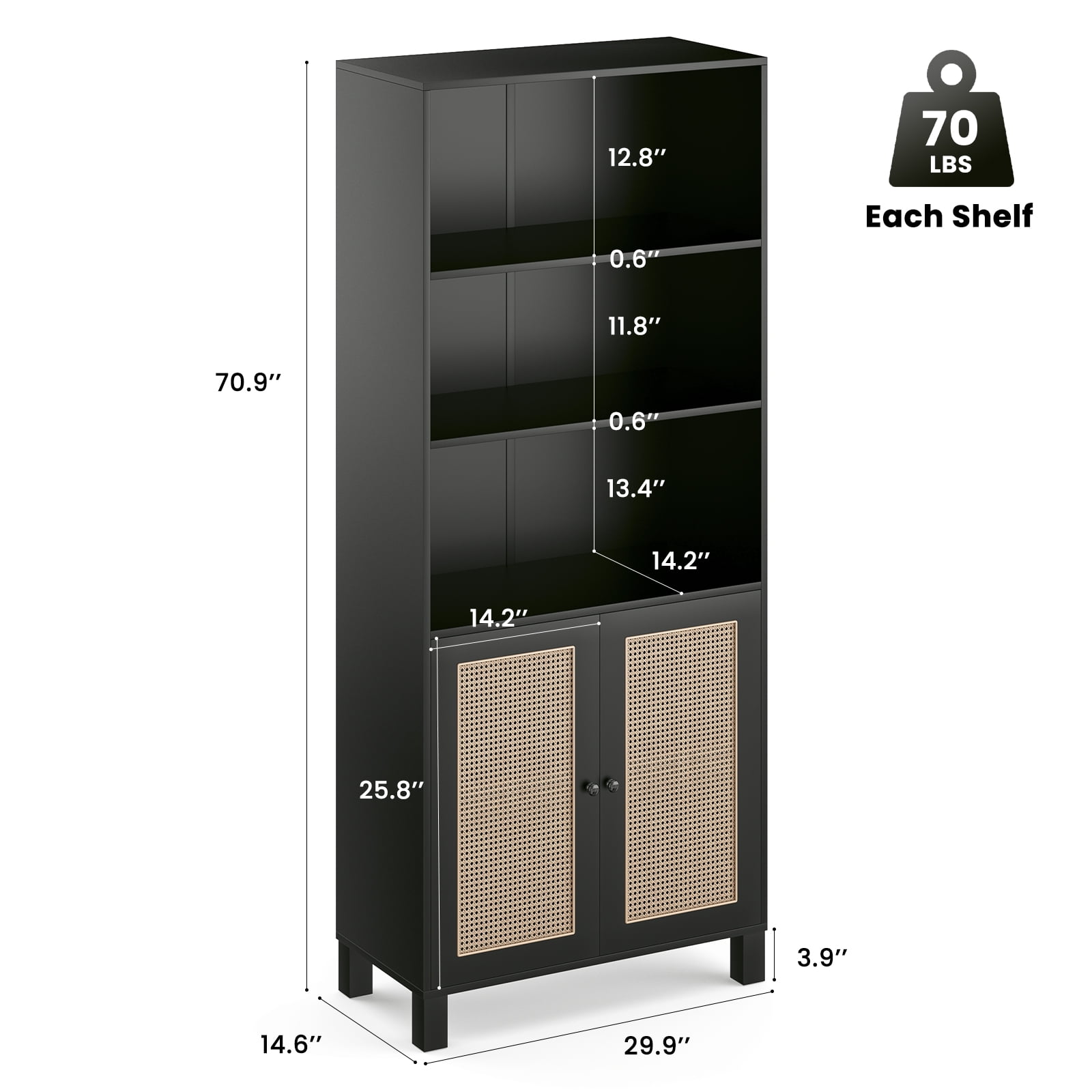 Aukfa Tall Storage Cabinet with Rattan Doors, 5-Tier Wooden Bookcase, Farmhouse Multi-Purpose Cabinet for Living Room,Black