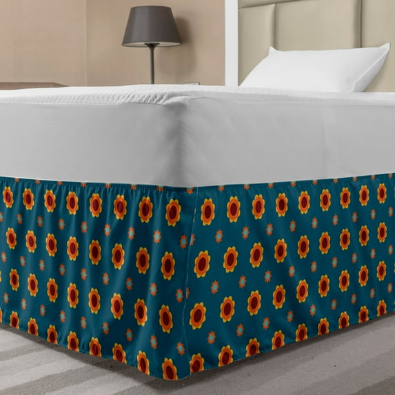 Floral Bed Skirt, Continuous Symmetric Pattern with Flowers and Sun Motifs Print, Elastic Bedskirt Dust Ruffle Wrap Around for Bedding Decor, 4 Sizes, Petrol Blue Multicolor, by Ambesonne