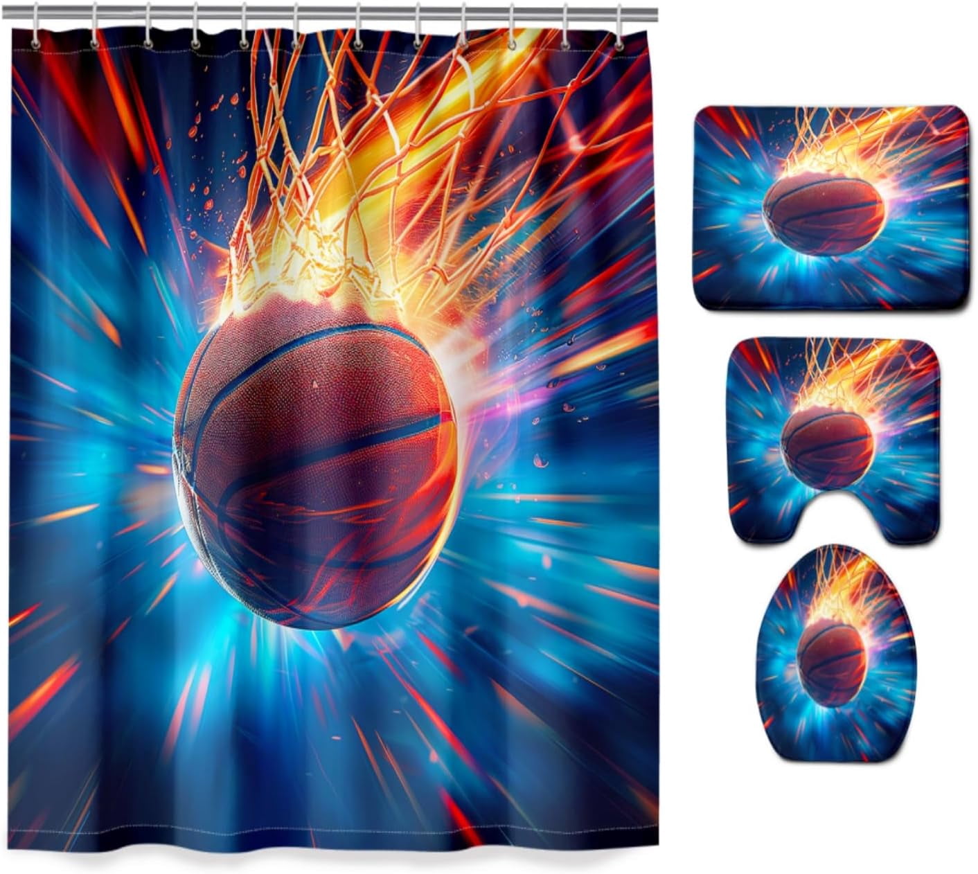 Basketball Shower Curtain Set - 4PCS Sports Shower Curtain Sets for Kids and Teen Boys Bathroom Shower Curtain Set Purple Basketball Bathroom Set with Rug, Toilet Cover and Bath Mat, 12 Hooks