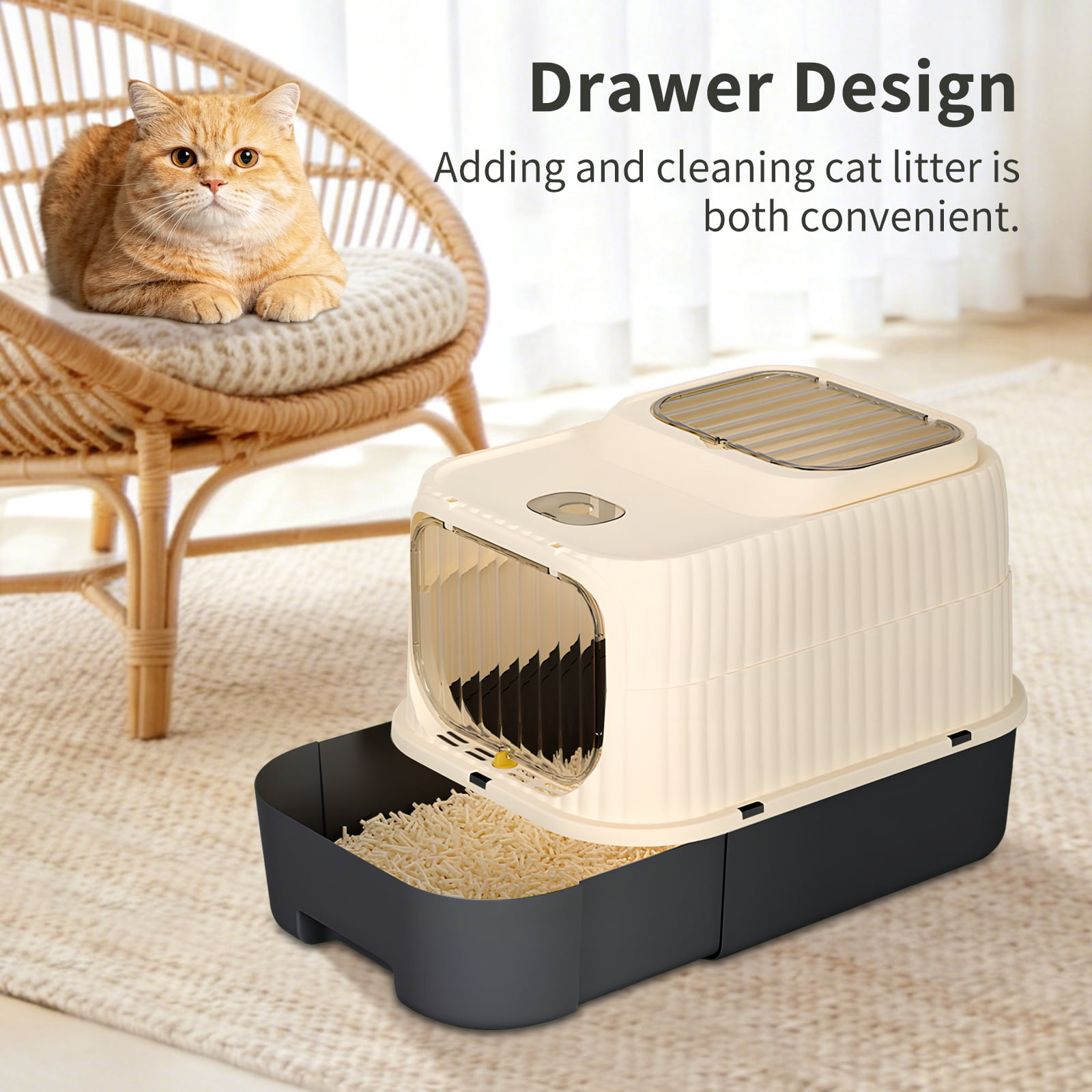 Black Fully Enclosed Cat Litter Box, Drawer Type Odor-Locking Litter Pan with Anti-Splash Design, Easy Clean Removable Cat Litter Tray for Cats of All Sizes, Multi-Cat Household