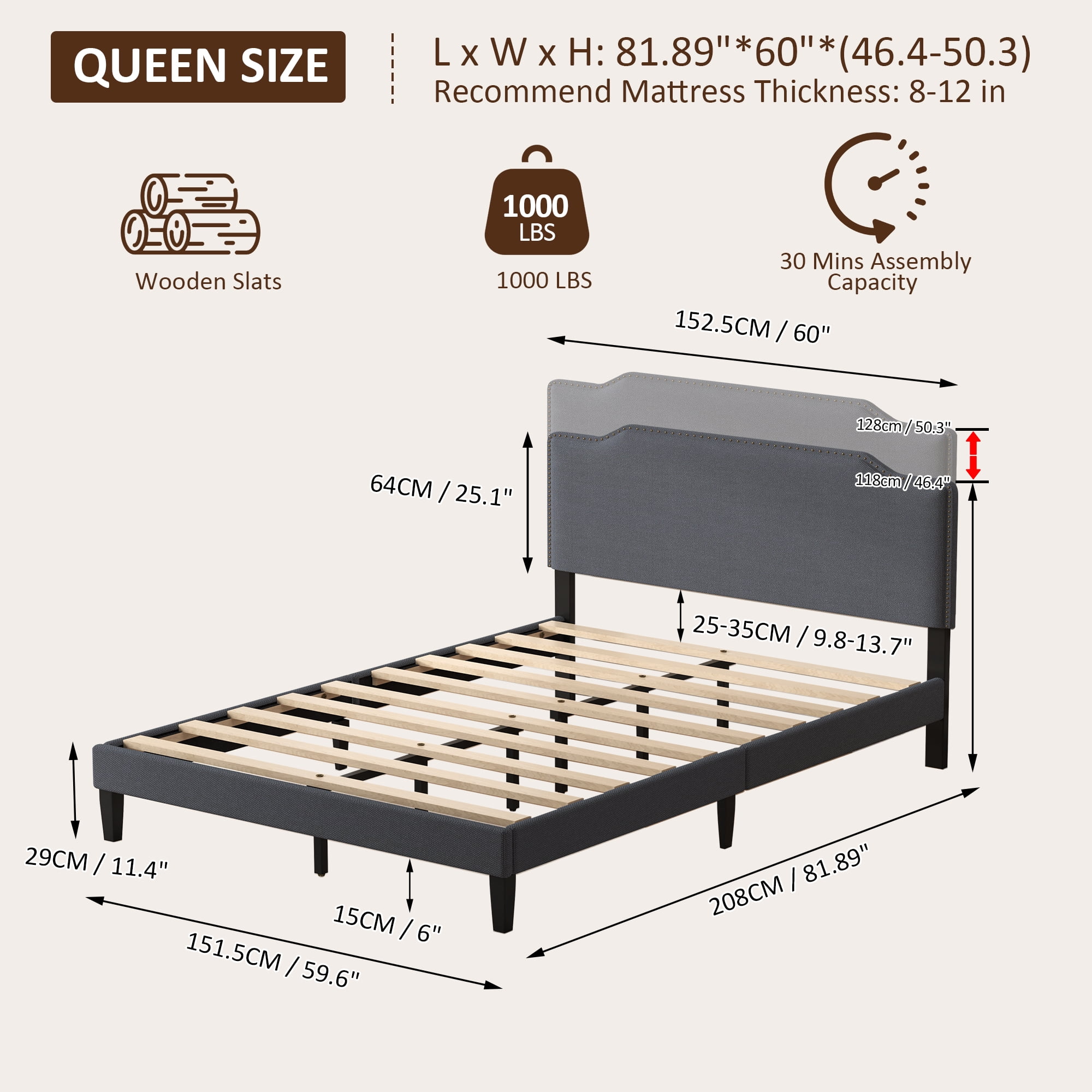Pingliang Home Queen Size Bed Frame with Adjustable Headboard, Rivet Decoration Upholstered Headboard, Easy to Assemble, Noise Free,Dark Gray
