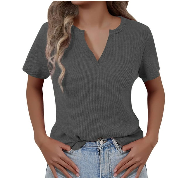 Mujeres de Verano Tops Nuevo Color Sólido Cuello en V Manga Corta con una Hendidura en el Doblado, Poliéster