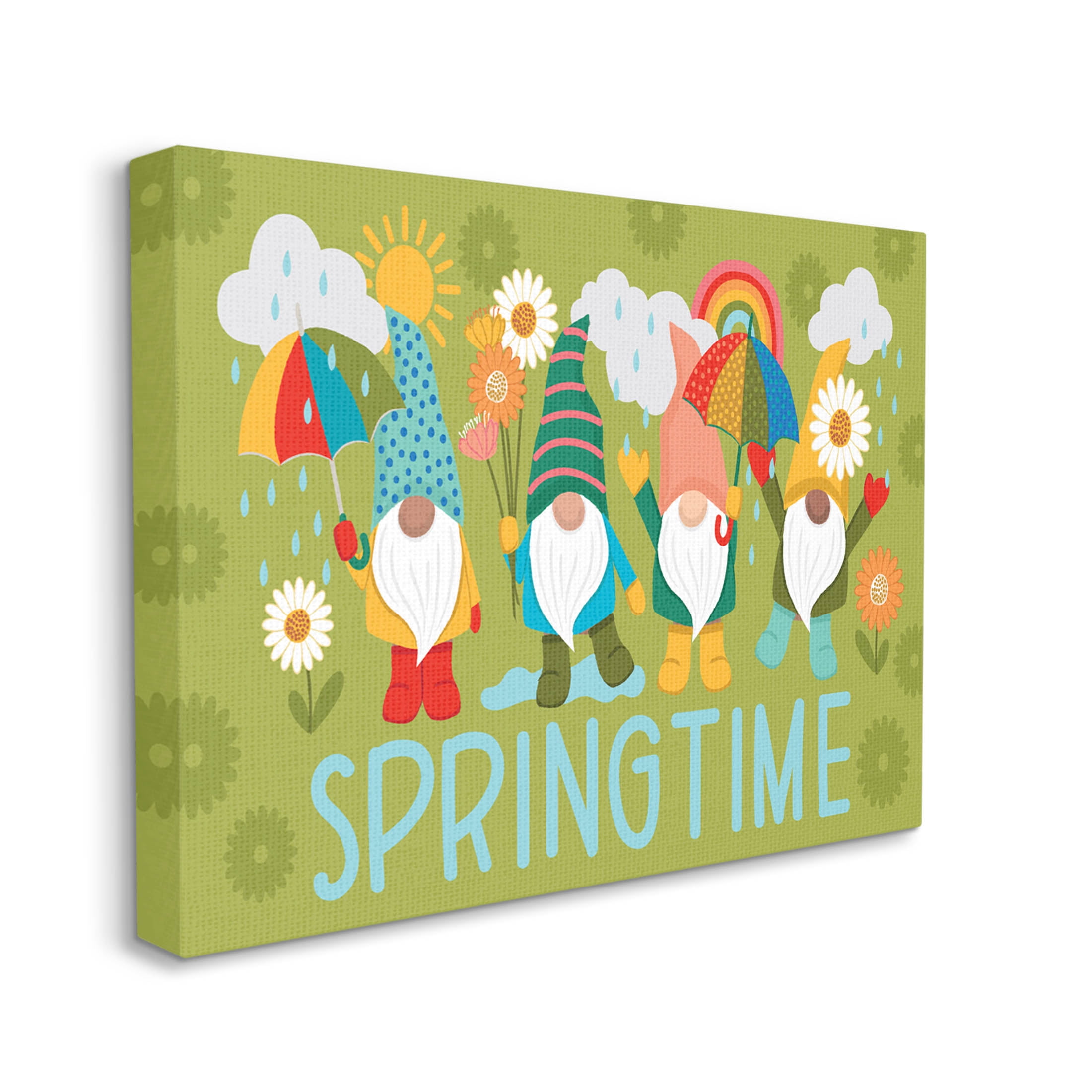 Springtime Rainy Garden Gnomes Holiday Graphic Art Gallery Wrapped Canvas Print Wall Art