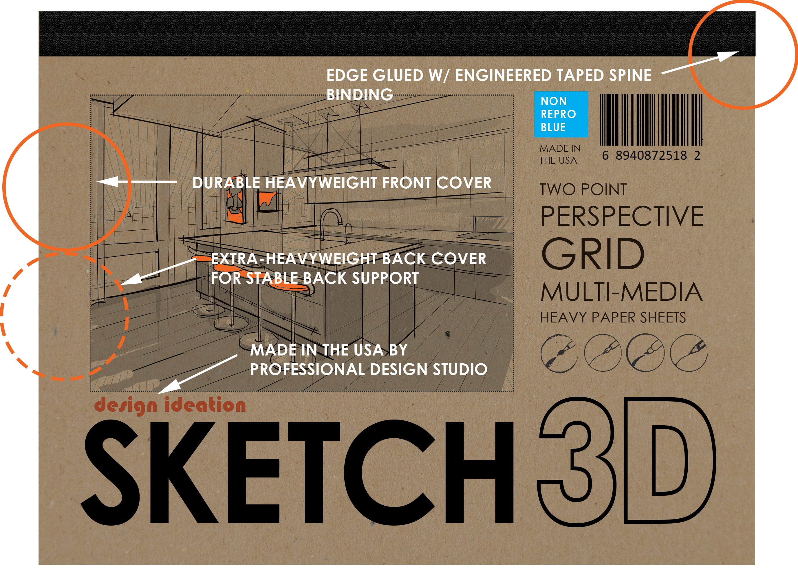 Perspective Grid Pad. Removable Sheets. Mixed Media Paper. Reinforced Lay Flat Binding. 2 Point. Blue. (11" x 17") PAD-2550-TS-H (1 Pad)