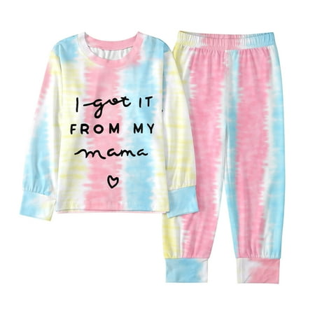 ZHOGXU Big Kids Girls Pajama Sets Long Sleeve Round Neck Tie Dye Letter Print Top And Pants Sleepwear Comfortable Two Piece Outfits For Daily Wear Pink 9-10 Years