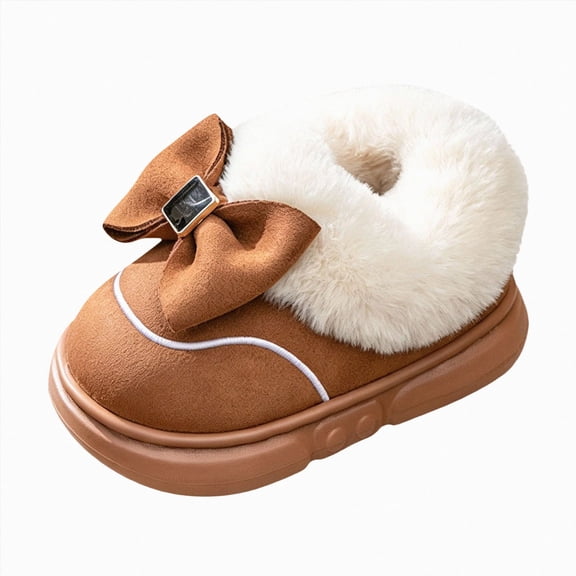 mgoYE Toddler House Slippers 2-9T Girls Bow Detail Warm Fuzzy Non‑Slip Kids Indoor Home Shoes 6