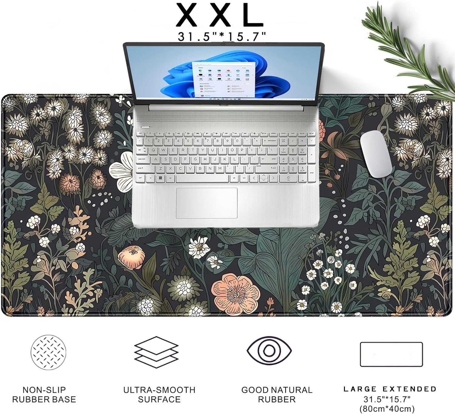 Dark Flower Desk Mat Floral Plants Mouse Pad Boho Aesthetic Wildflowers Large Gaming Mousepad Desk Pad, XXL Keyboard Mouse Mat Full Desktop Mat Women Office Desk Accessories 31.5"x15.7"
