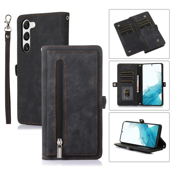 for Galaxy S23 Plus 6.6" 2023 Wallet Case, [Zipper Wallet & Wrist Strap & lip Kickstand] Card Slots PU Leather Full Body Protective Business Shell for Galaxy S23 Plus, Black