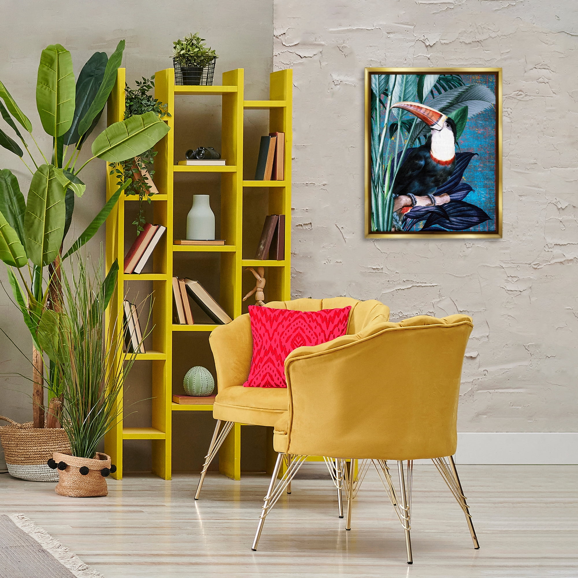 Stupell Industries Smiling Toucan on Branch Animals Painting Gold Floater Framed Canvas Art Print Wall Art, 17 x 21