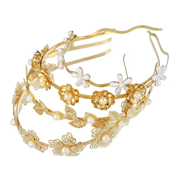 4 Pcs Alloy Metal Flower Shape Faux Pearl Headbands Hair Accessories for Women Gold Tone 4.72"x1.38"