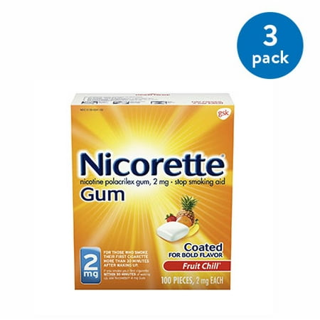 (3 Pack) Nicorette Nicotine Gum, Stop Smoking Aid, 2 mg, Fruit Chill Flavor, 100